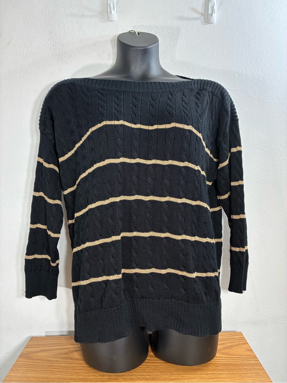 Ralph Lauren Black Cable-Knit Sweater with Metallic Stripes